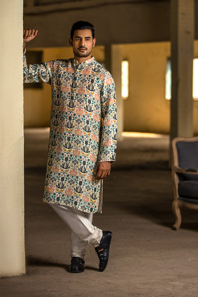 Rohit Gandhi - Rahul Khanna - Cream printed silk kurta set - Melange Singapore - Indian Designer Wear Online Shopping