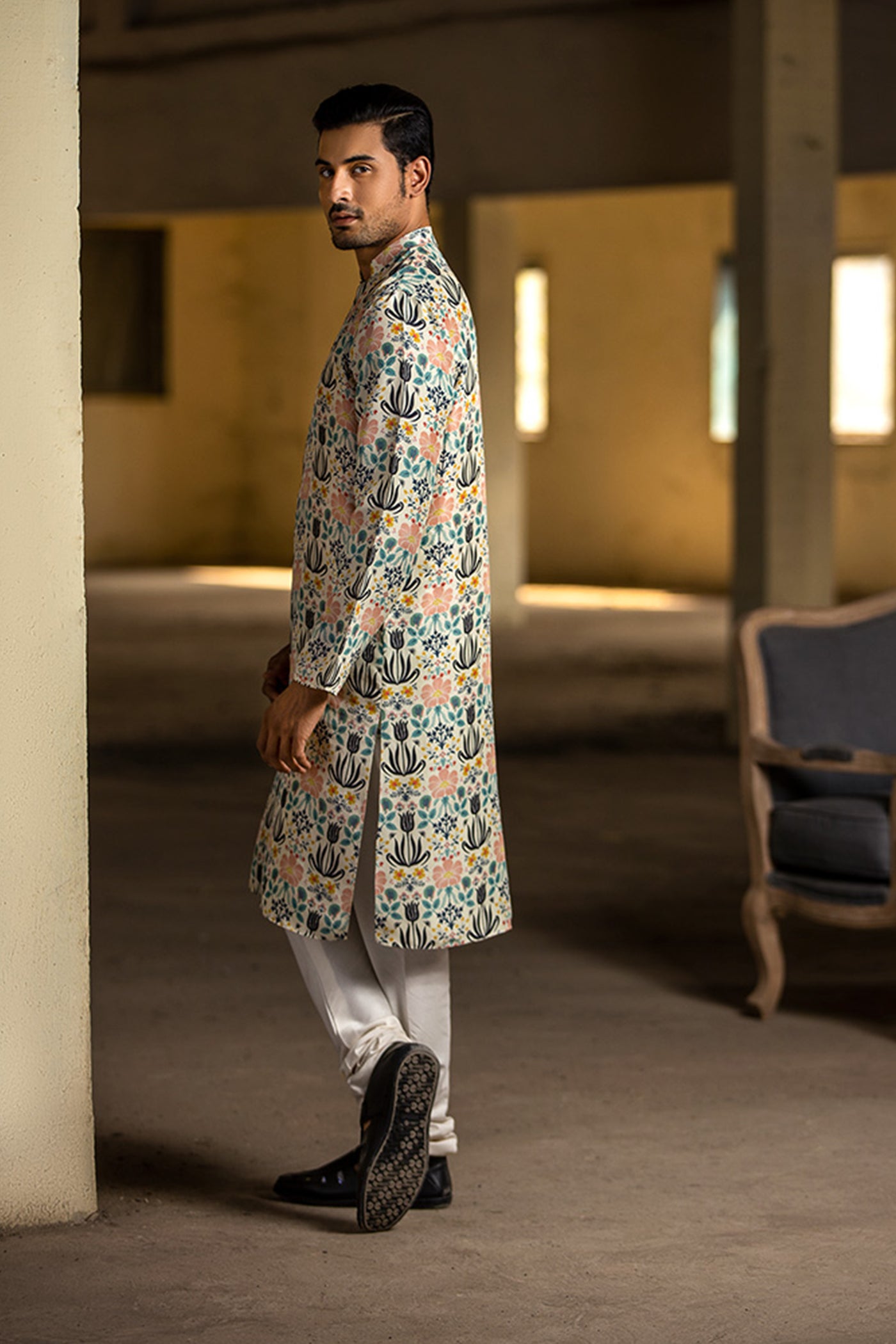 Rohit Gandhi - Rahul Khanna - Cream printed silk kurta set - Melange Singapore - Indian Designer Wear Online Shopping