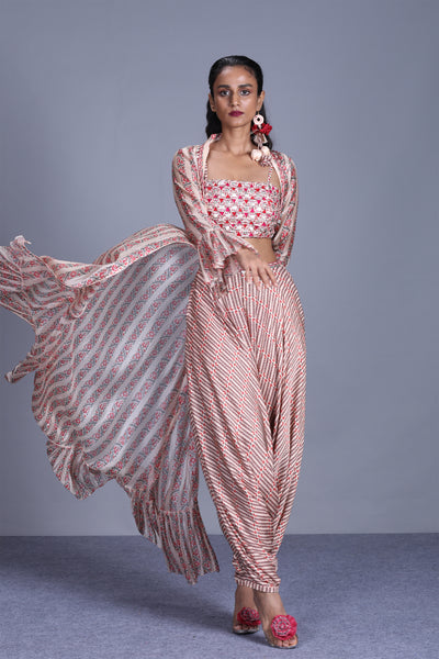 Buttercup Long Cape With Coin Work Bralet And Printed Dhoti Pants