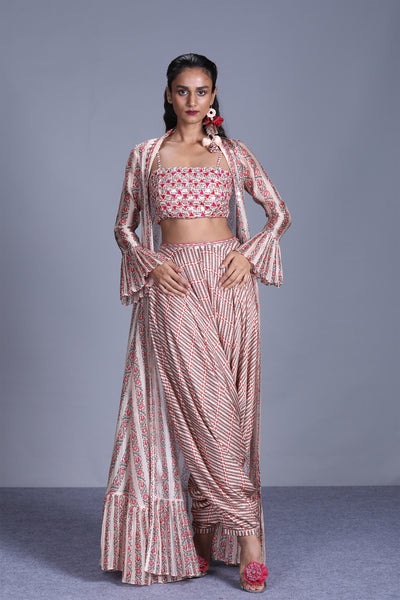 Buttercup Long Cape With Coin Work Bralet And Printed Dhoti Pants