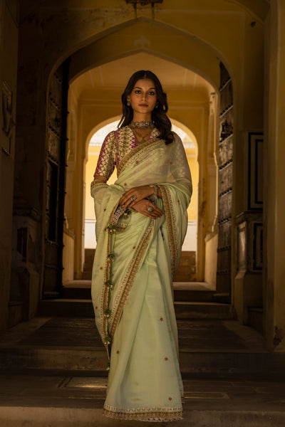 Punit Balana - Mint organza silk saree - Melange Singapore - Indian Designer Wear Online Shopping