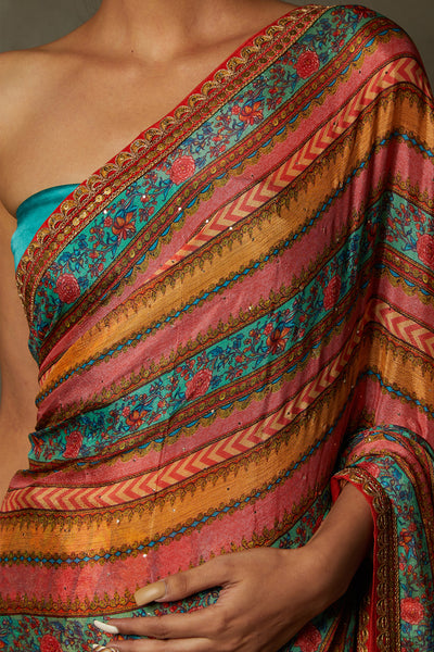 ri ritu kumar Aqua & Multi Color Ariyana Saree With Unstitched Blouse festive indian designer wear online shopping melange singapore