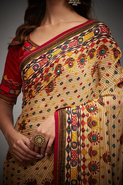 Beige & Multi Color Venkatil Saree With Unstitched Blouse