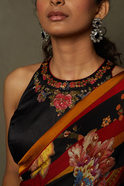 ri ritu kumar Black & Red Wild Flower Embroidered Saree With Stitched Blouse festive indian designer wear online shopping melange singapore