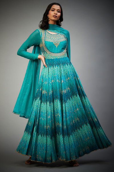 ri ritu kumar Emerald Anarkali Diamond Kurta With Churidar And Dupatta blue festive indian designer wear online shopping melange singapore