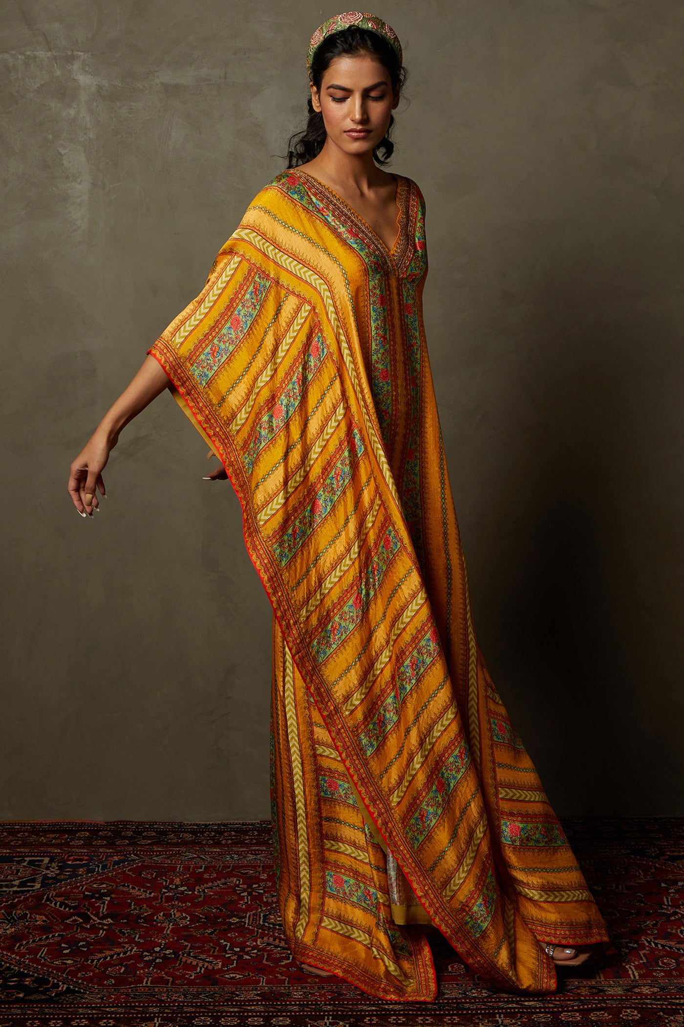 ri ritu kumar Mustard Ariyana Embroidered Kaftan festive indian designer wear online shopping melange singapore