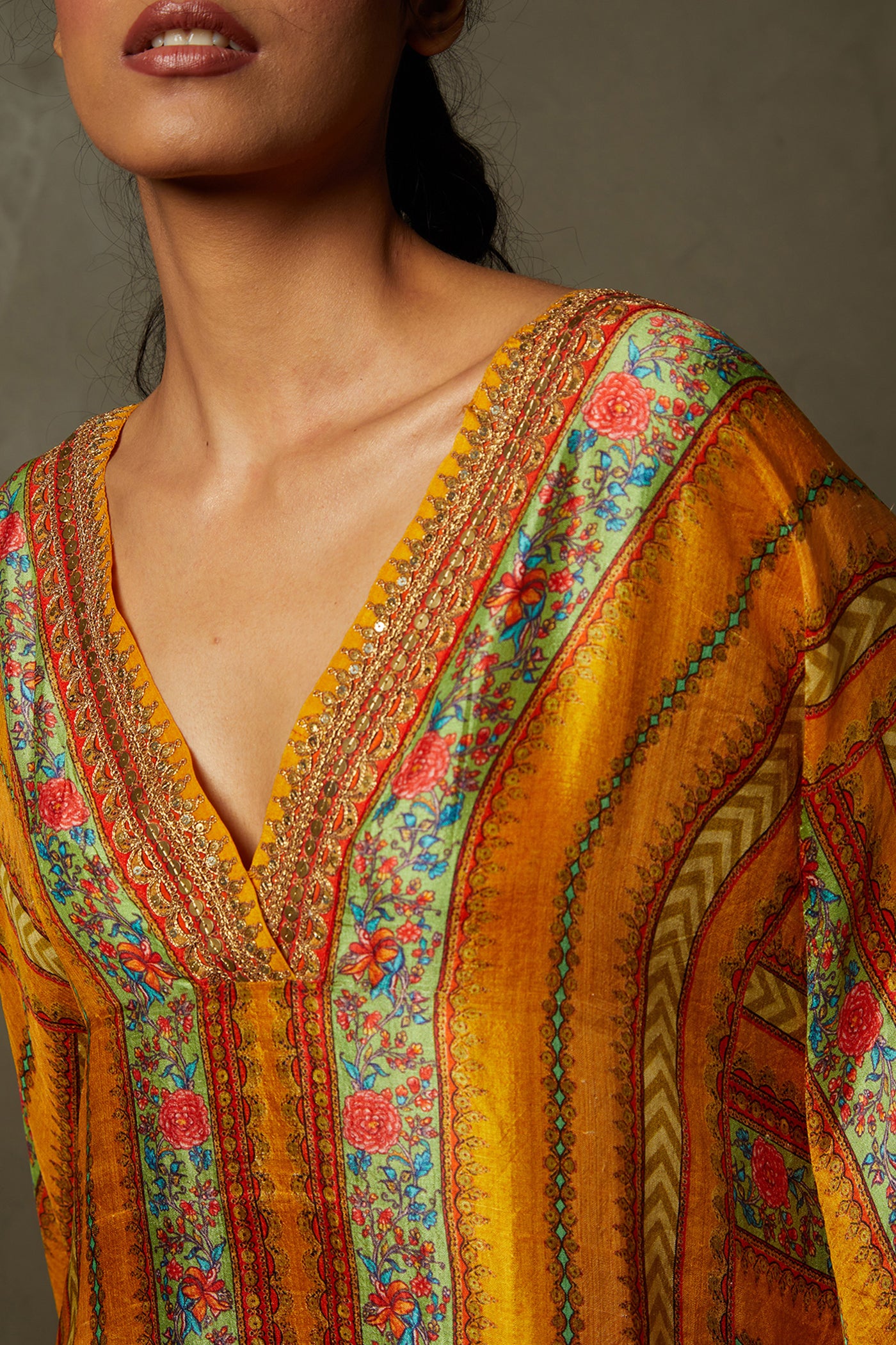 ri ritu kumar Mustard Ariyana Embroidered Kaftan festive indian designer wear online shopping melange singapore