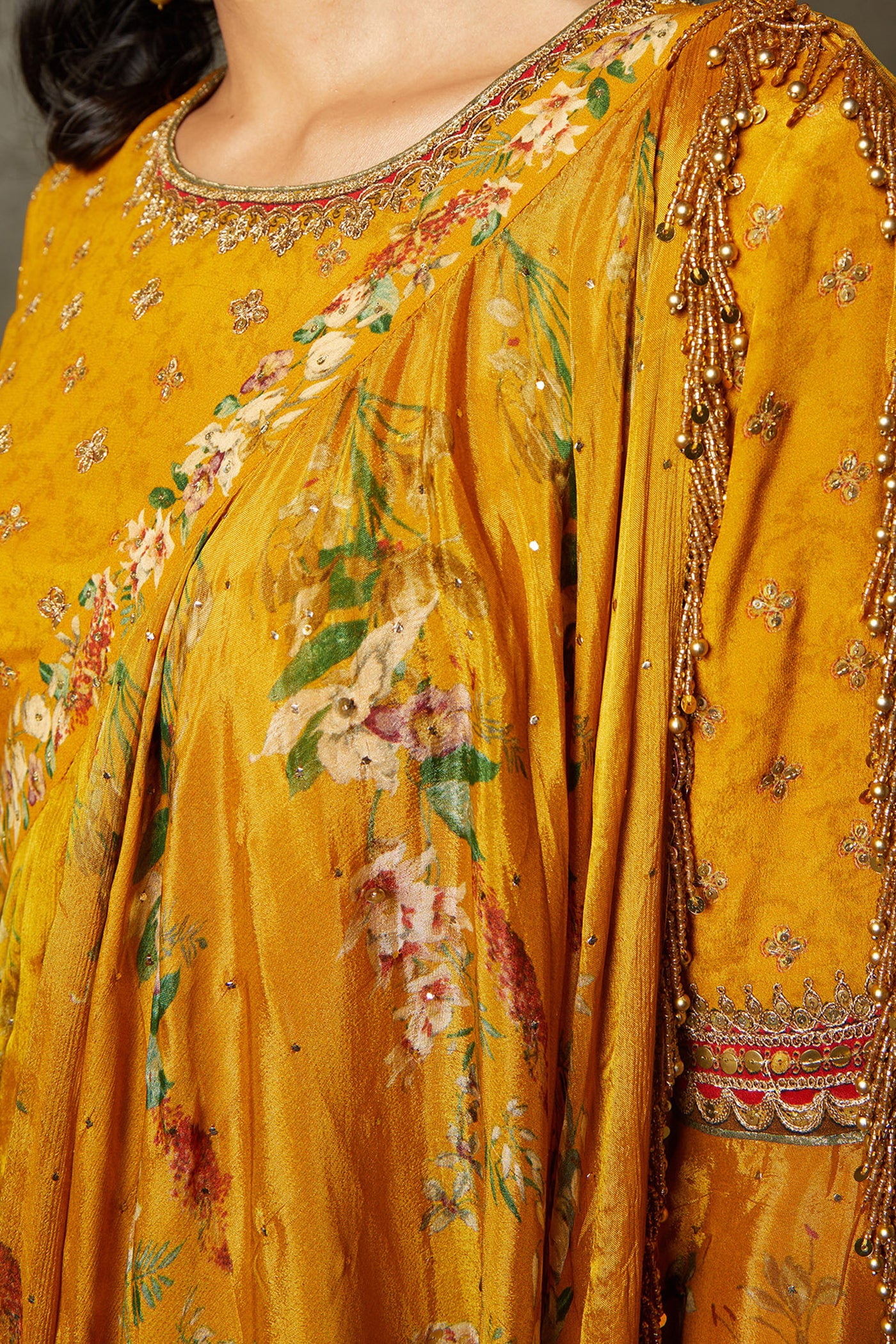 ri ritu kumar Mustard Water Lily Dress With Cape Embroidered Ensemble Set festive indian designer wear online shopping melange singapore