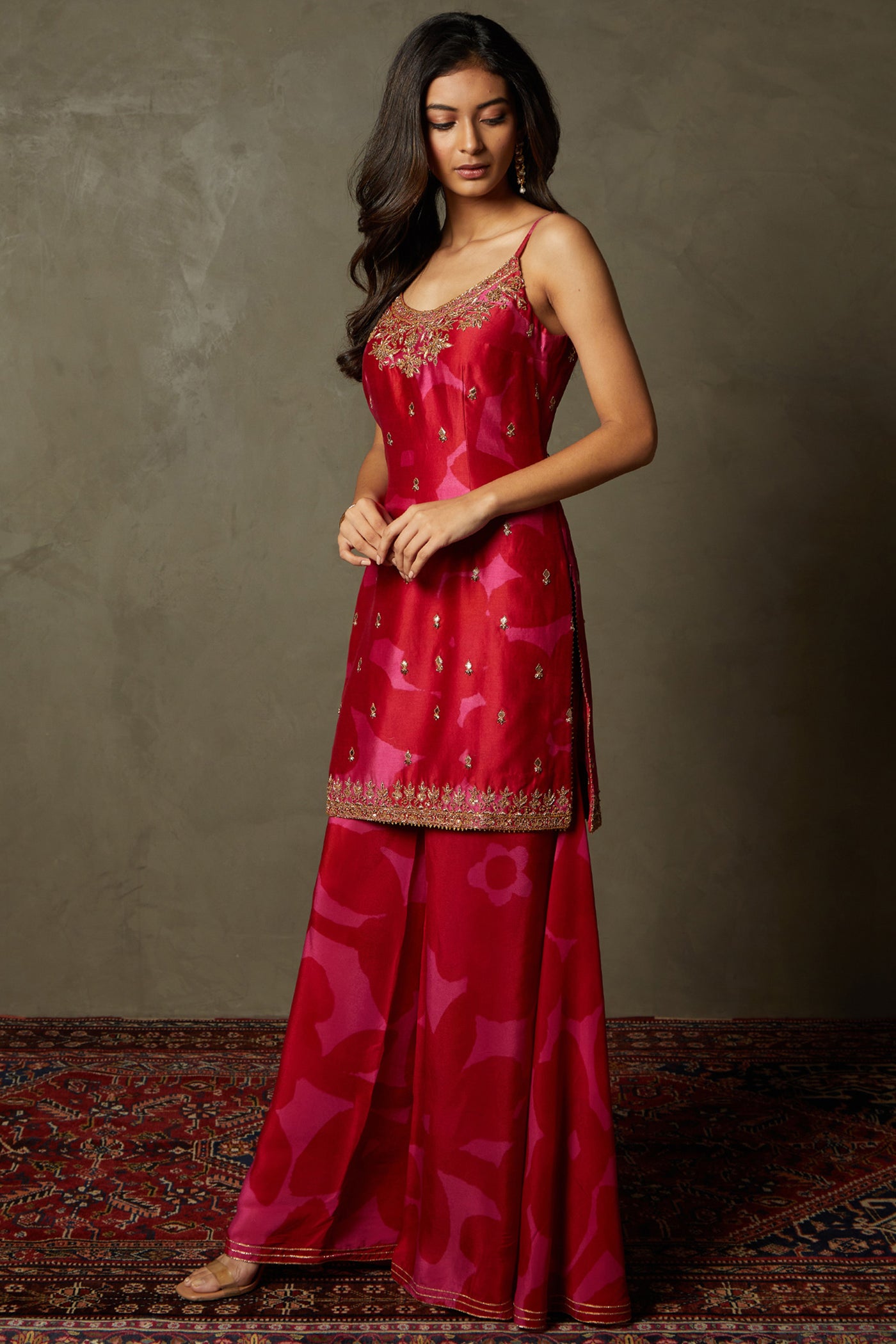 ri ritu kumar Pink & Red Delphi Embroidered Kurta with Palazzo and Dupatta festive indian designer wear online shopping melange singapore