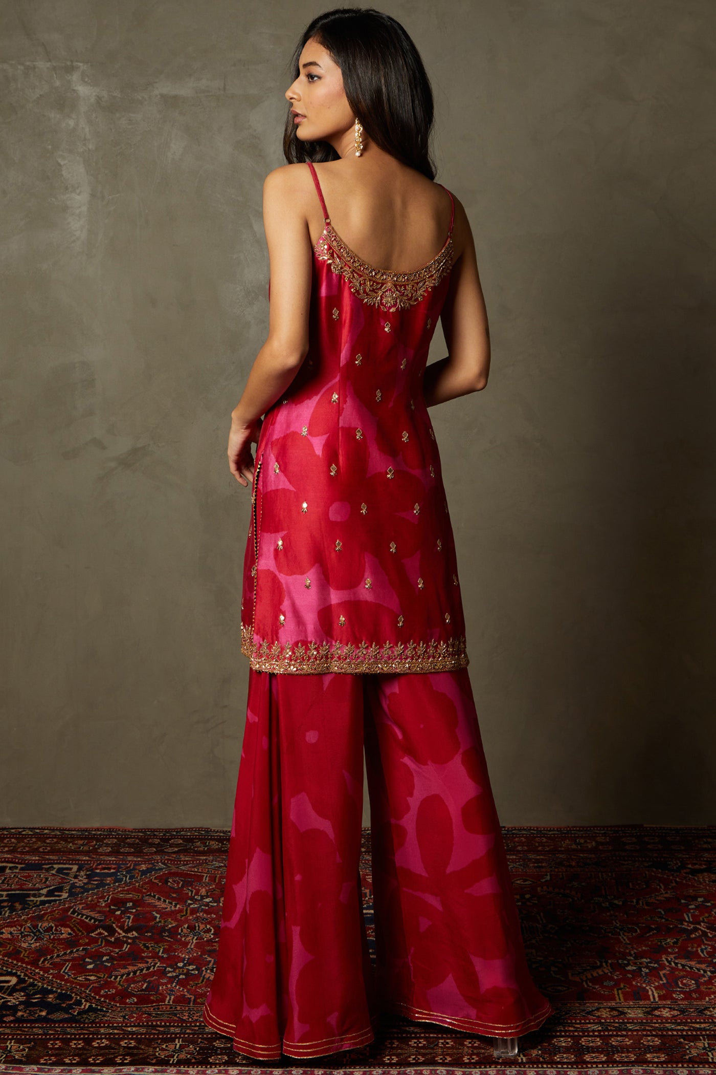 ri ritu kumar Pink & Red Delphi Embroidered Kurta with Palazzo and Dupatta festive indian designer wear online shopping melange singapore
