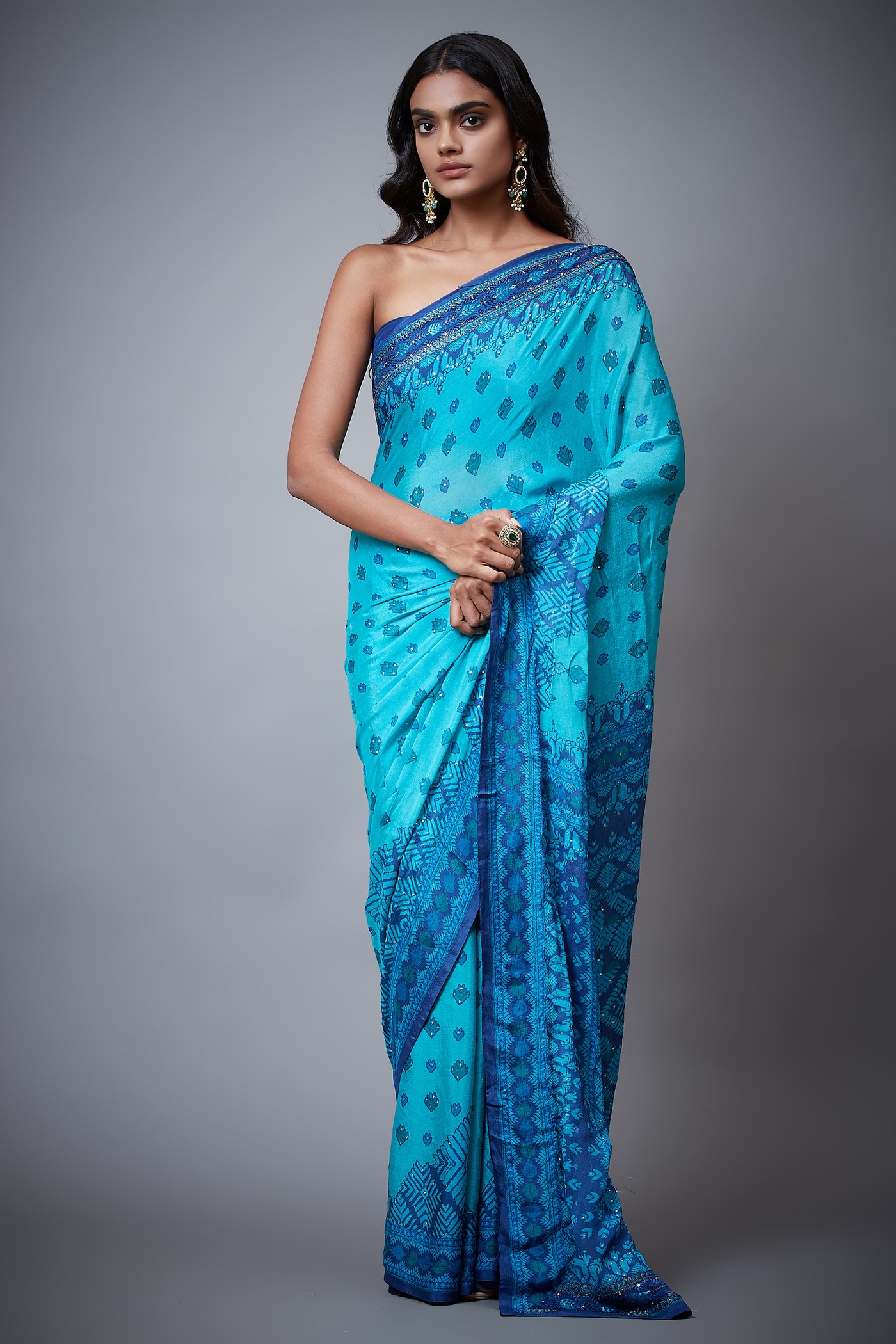 ri ritu kumar Turquoise & Royal Blue Phulkari Saree With Unstitched Blouse festive indian designer wear online shopping melange singapore