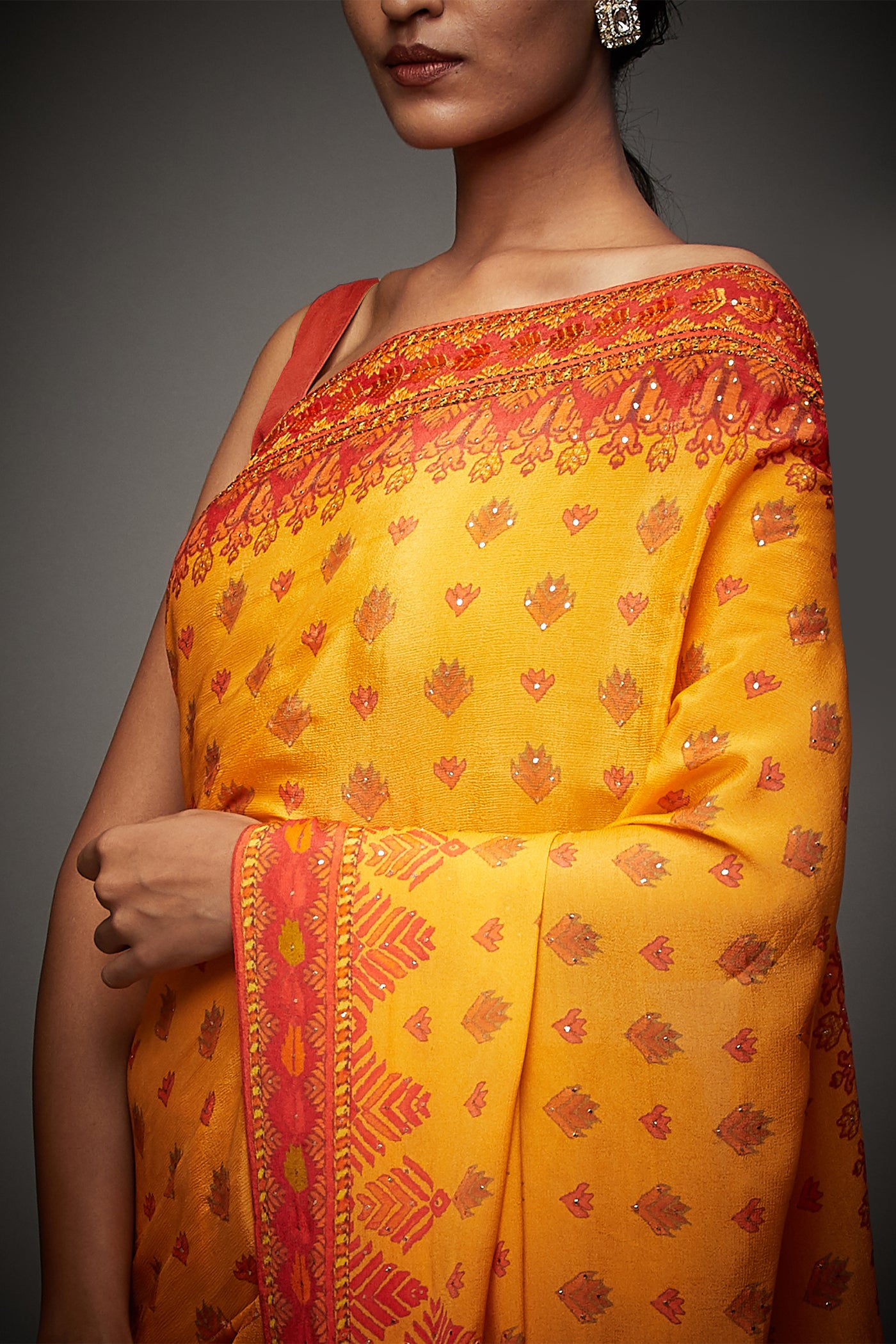 ri ritu kumar Yellow & Orange Phulkari Saree With Unstitched Blouse festive indian designer wear online shopping melange singapore