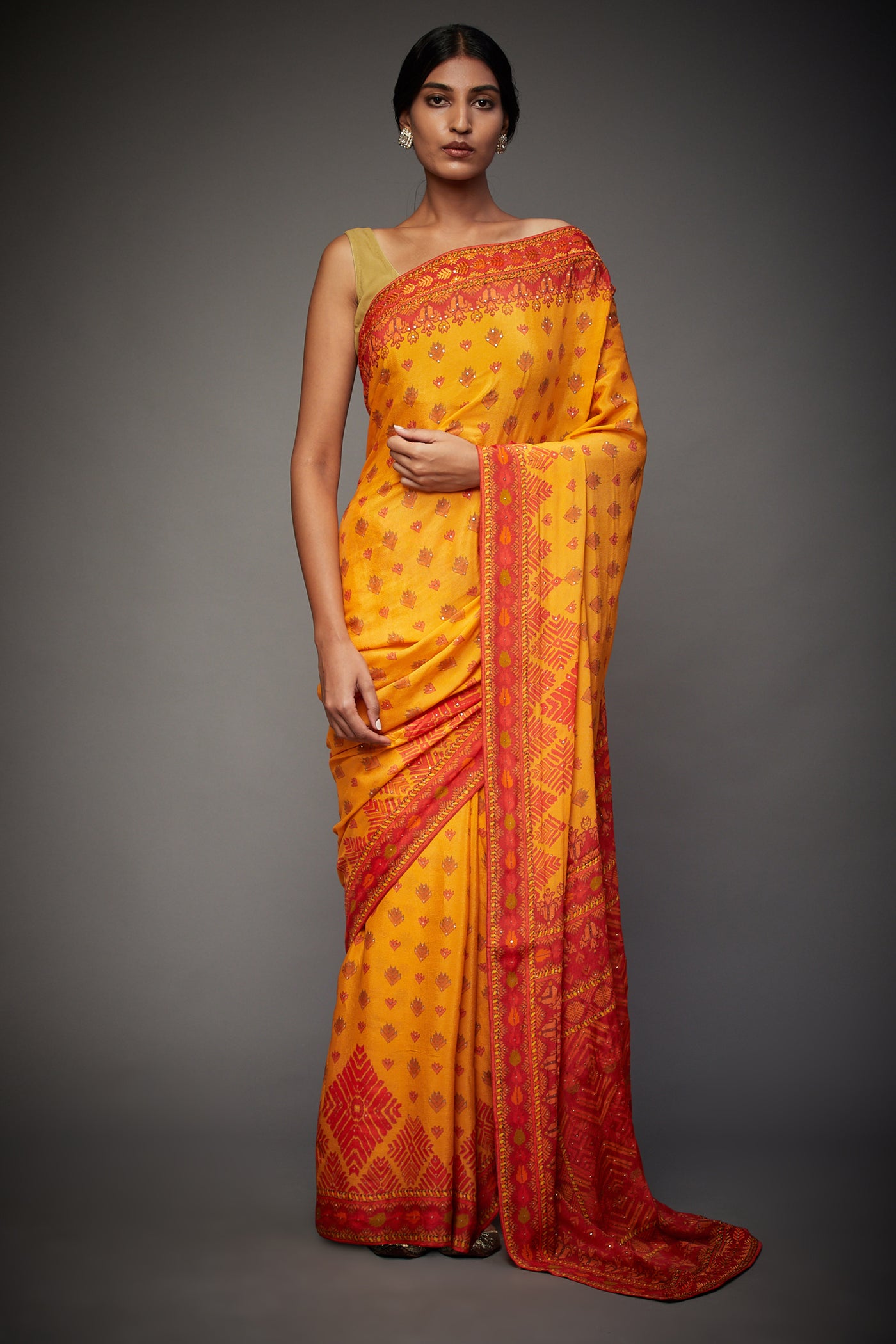 ri ritu kumar Yellow & Orange Phulkari Saree With Unstitched Blouse festive indian designer wear online shopping melange singapore