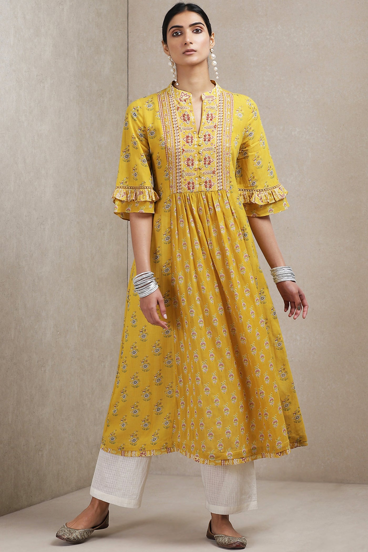 Ritu Kumar - Yellow Ruffle Sleeve Kurta - Melange Singapore - Indian Designer Wear Online Shopping
