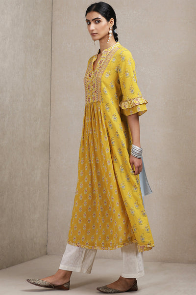 Ritu Kumar - Yellow Ruffle Sleeve Kurta - Melange Singapore - Indian Designer Wear Online Shopping