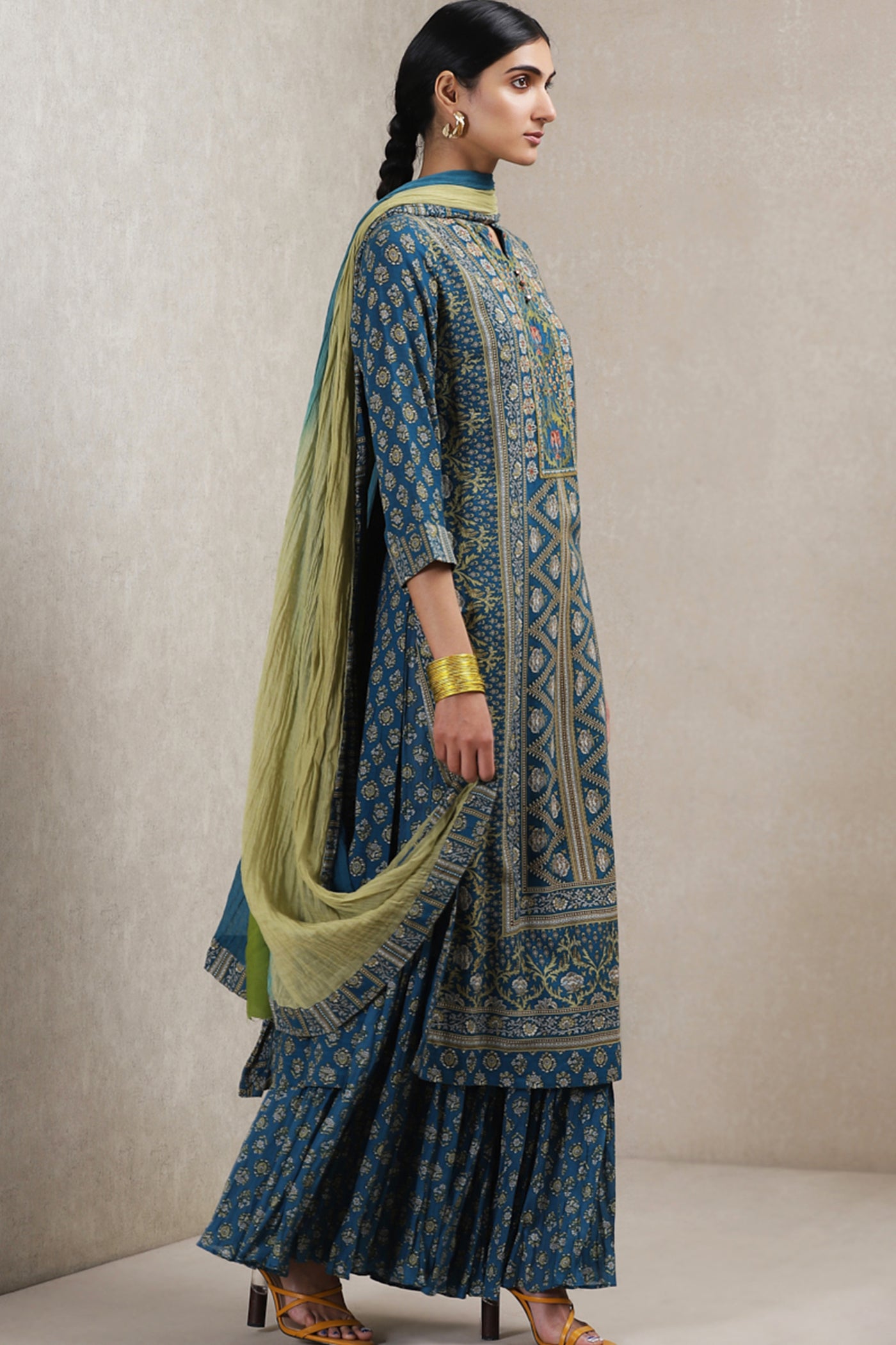 ritu kumar Printed Kurta And Printed Sharara Set teal blue online shopping melange singapore indian designer wear