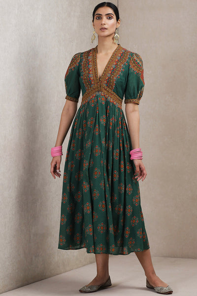 ritu kumar V Neck Half Sleeve Embroidered Dress green online shopping melange singapore indian designer wear