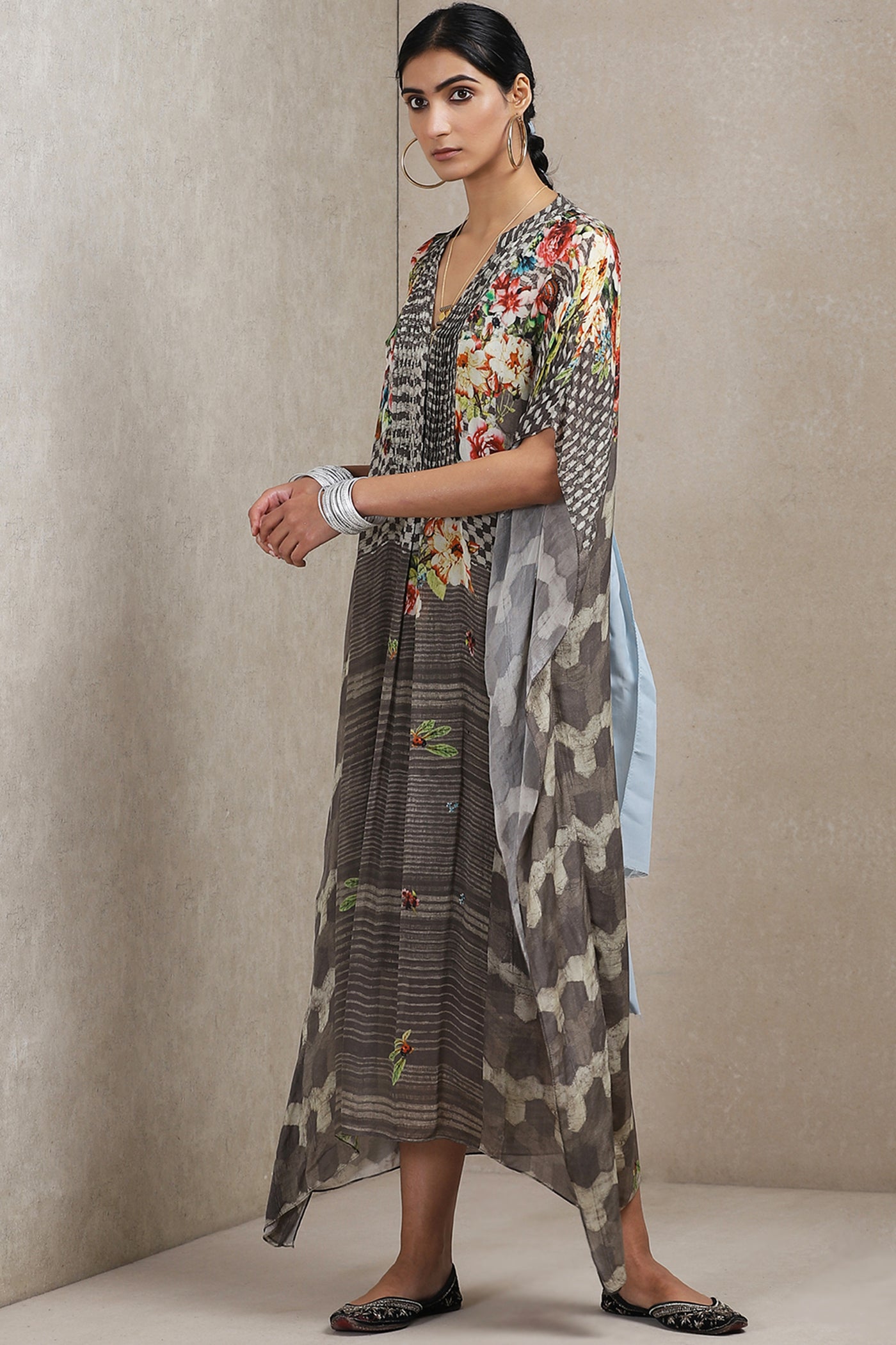 ritu kumar V neck half sleeve long printed kaftan online shopping melange singapore indian designer wear