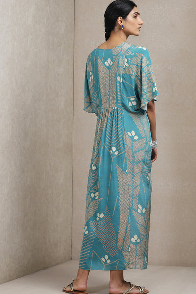 ritu kumar V neck half sleeves printed dress blue online shopping melange singapore indian designer wear