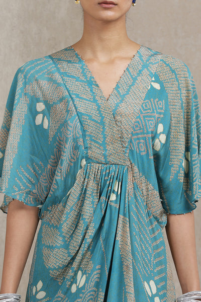 ritu kumar V neck half sleeves printed dress blue online shopping melange singapore indian designer wear