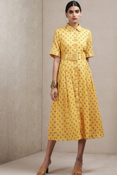 ritu kumar Yellow Floral Print Dress online shopping melange singapore indian designer wear