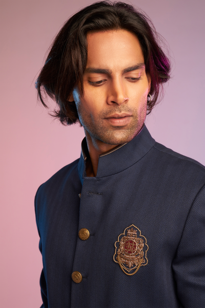 shantanu & nikhil Classic Navy Sherwani With Crest western indian designer wear online shopping melange singapore