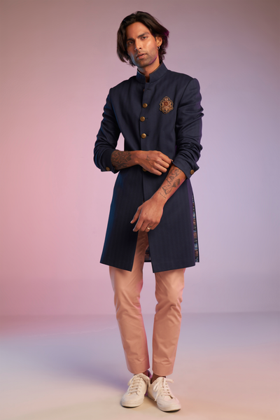 shantanu & nikhil Classic Navy Sherwani With Crest western indian designer wear online shopping melange singapore