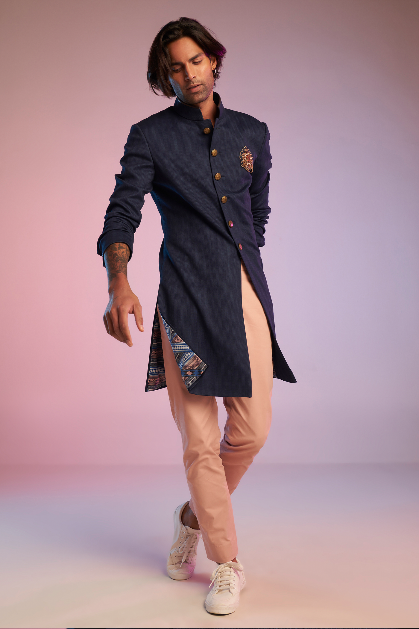 shantanu & nikhil Classic Navy Sherwani With Crest western indian designer wear online shopping melange singapore