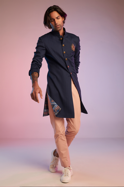 shantanu & nikhil Classic Navy Sherwani With Crest western indian designer wear online shopping melange singapore
