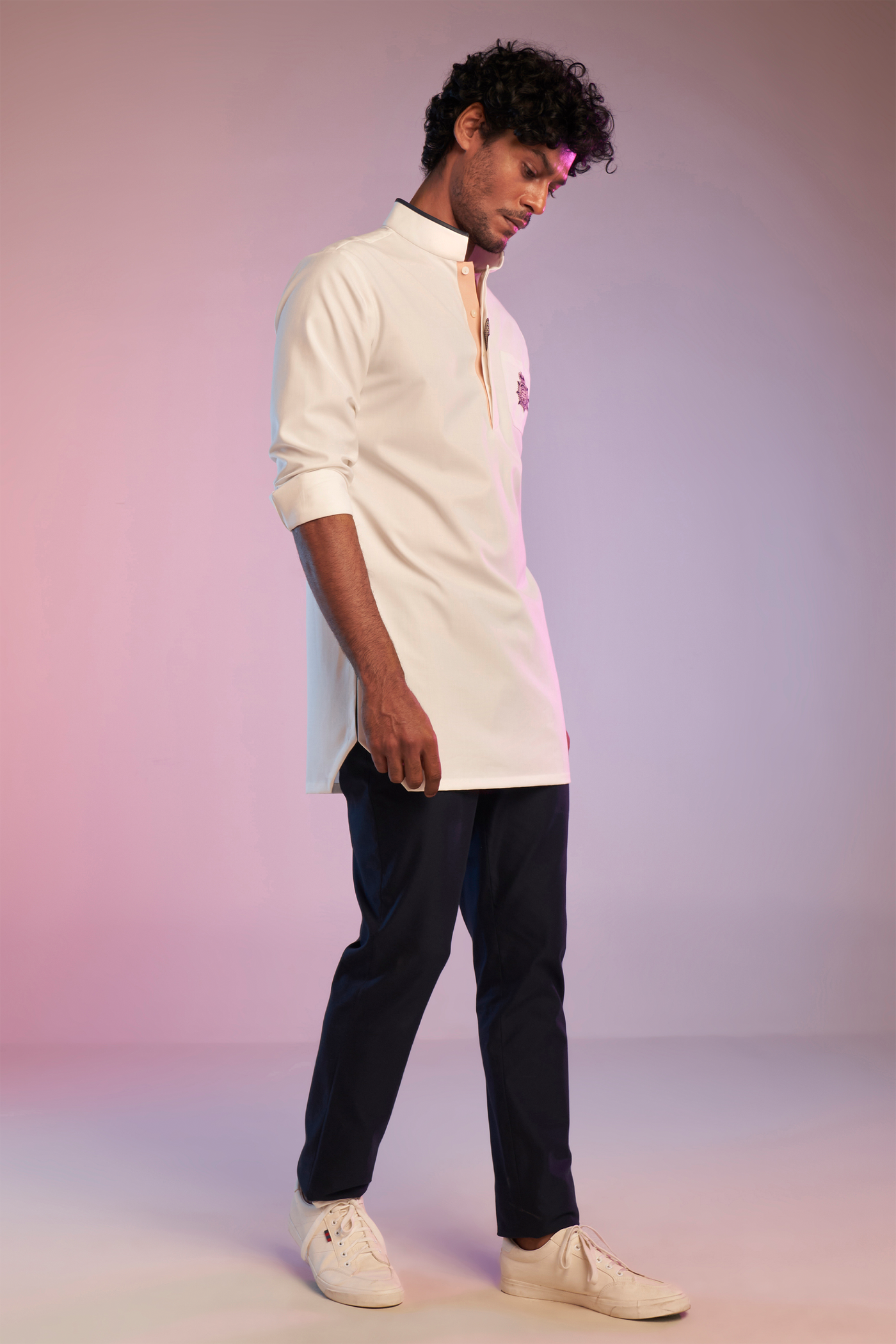 shantanu & nikhil Off-White Kurta With Navy Pink Detail western indian designer wear online shopping melange singapore