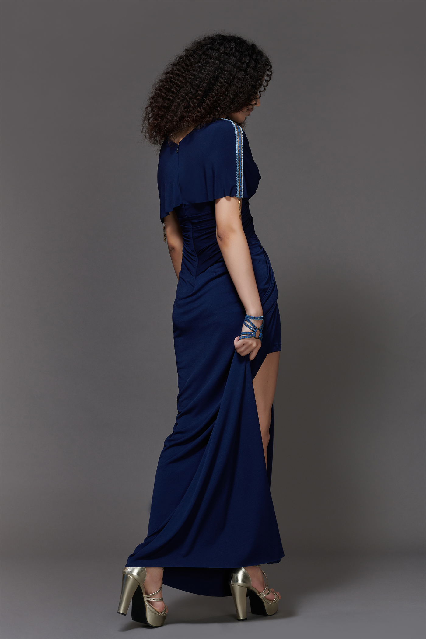 shantanu & nikhil Twist Draped Saree Gown navy western indian designer wear online shopping melange singapore