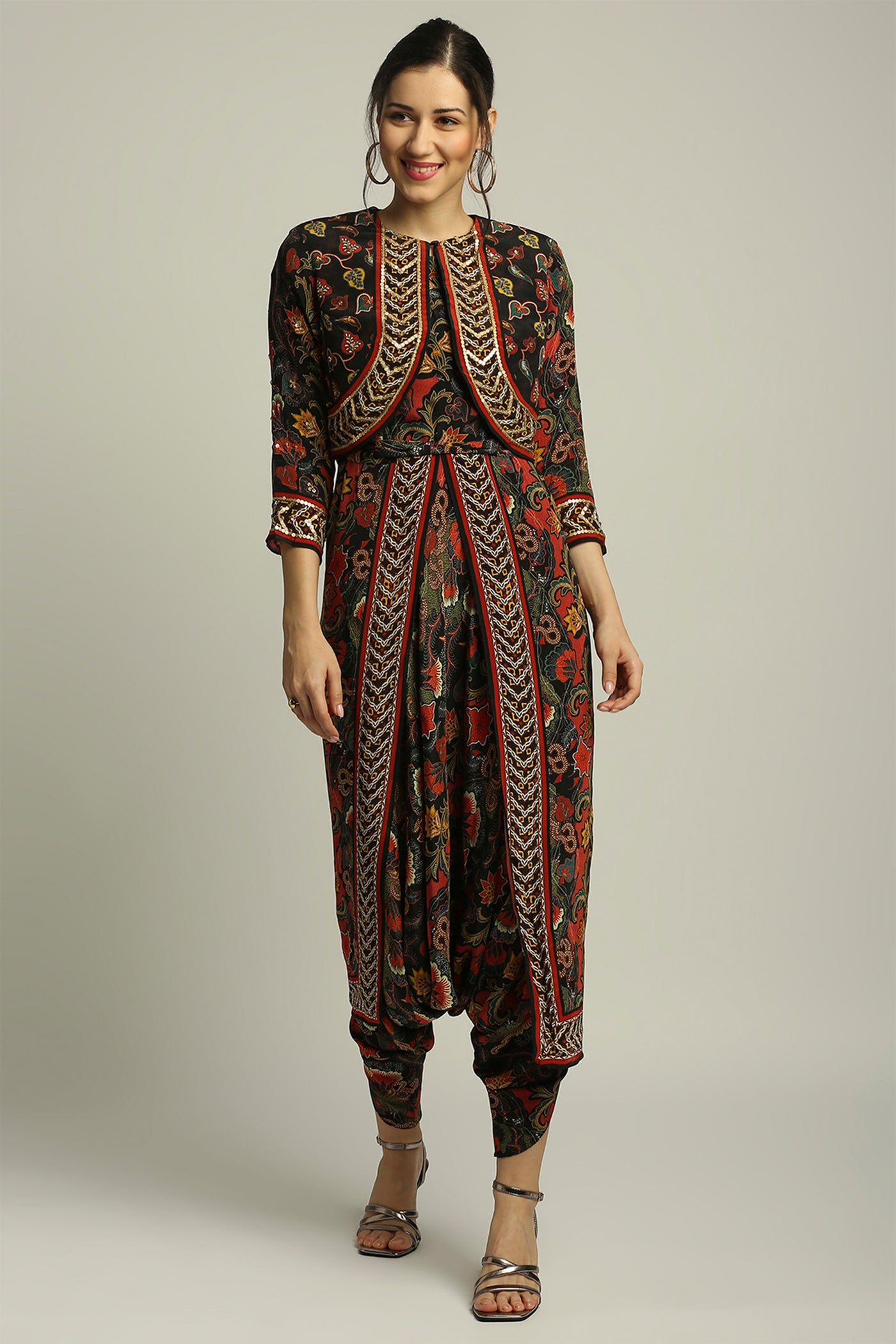 sougat paul Batik Printed Dhoti Style Jumpsuit With Jacket black fusion indian designer wear online shopping melange singapore