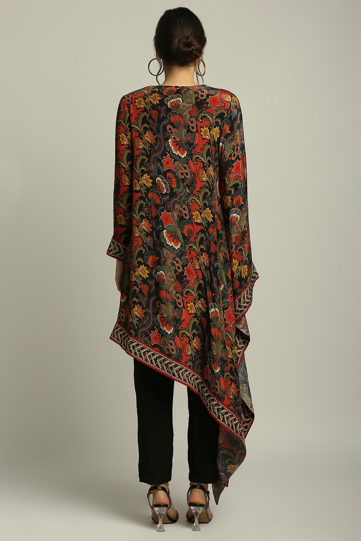 sougat paul Batik printed asymmetrical kurta with pant black fusion indian designer wear online shopping melange singapore