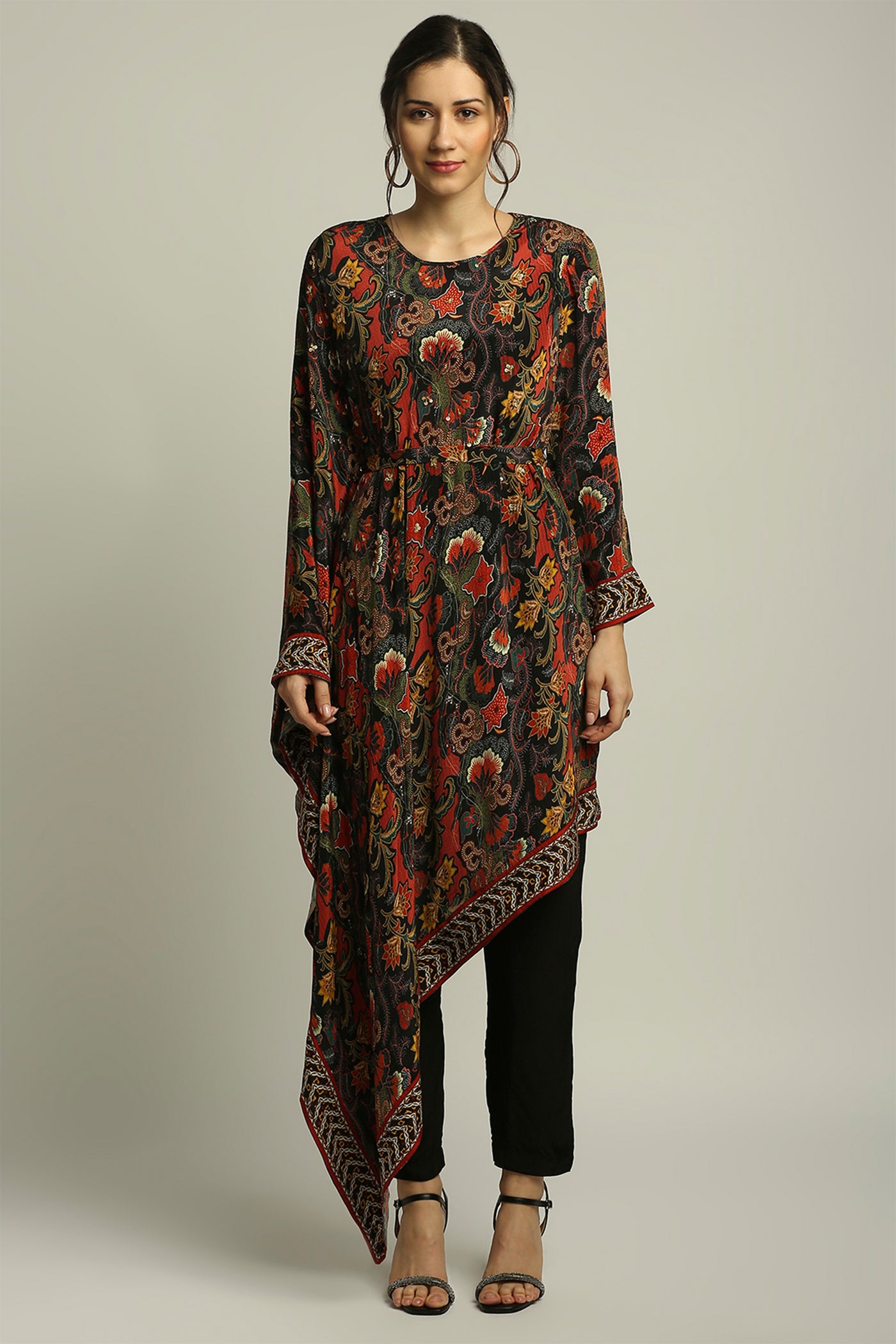 sougat paul Batik printed asymmetrical kurta with pant black fusion indian designer wear online shopping melange singapore