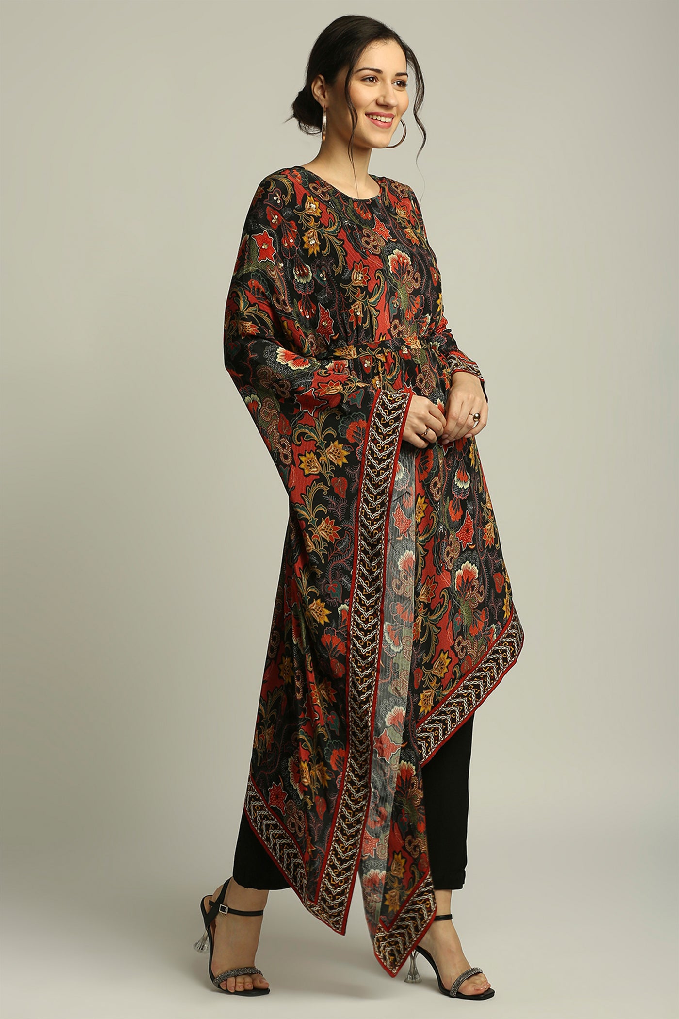 sougat paul Batik printed asymmetrical kurta with pant black fusion indian designer wear online shopping melange singapore