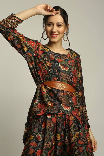 sougat paul Batik Printed Embellished Skirt Set With Belt black fusion indian designer wear online shopping melange singapore
