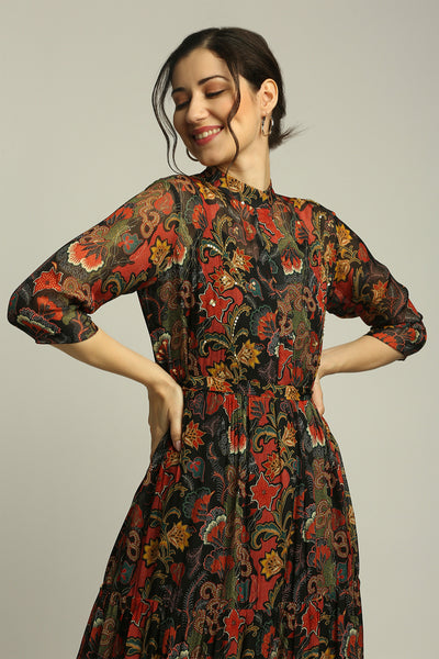 sougat paul Batik Printed Long Tiered Dress black fusion indian designer wear online shopping melange singapore