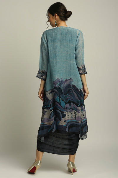 sougat paul Conversational Printed Drape Dress With Jacket navy blue fusion indian designer wear online shopping melange singapore