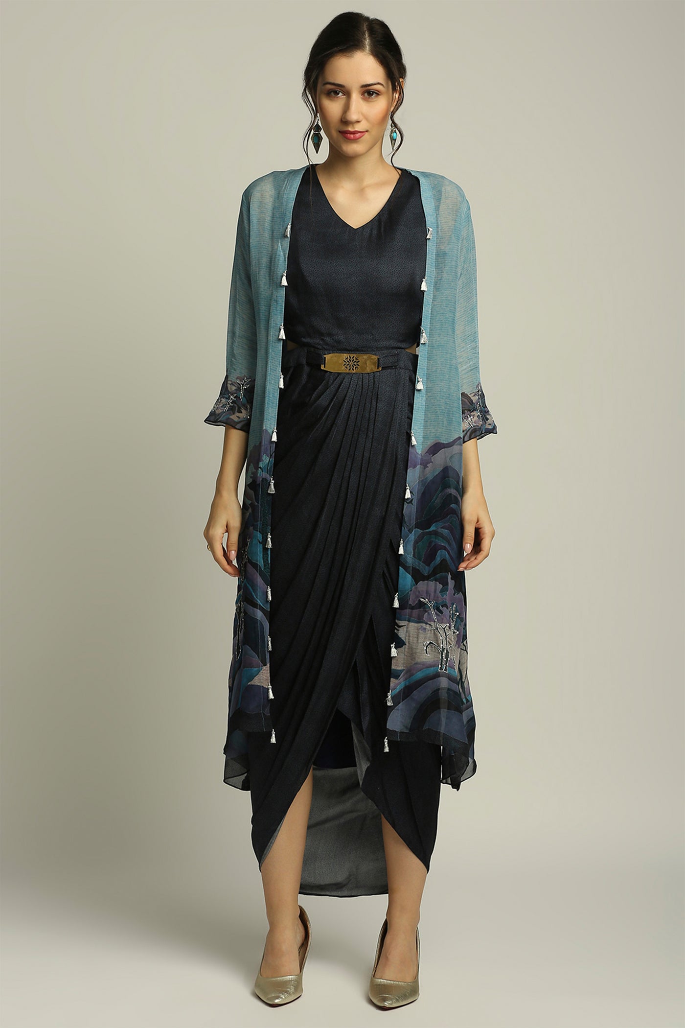 sougat paul Conversational Printed Drape Dress With Jacket navy blue fusion indian designer wear online shopping melange singapore