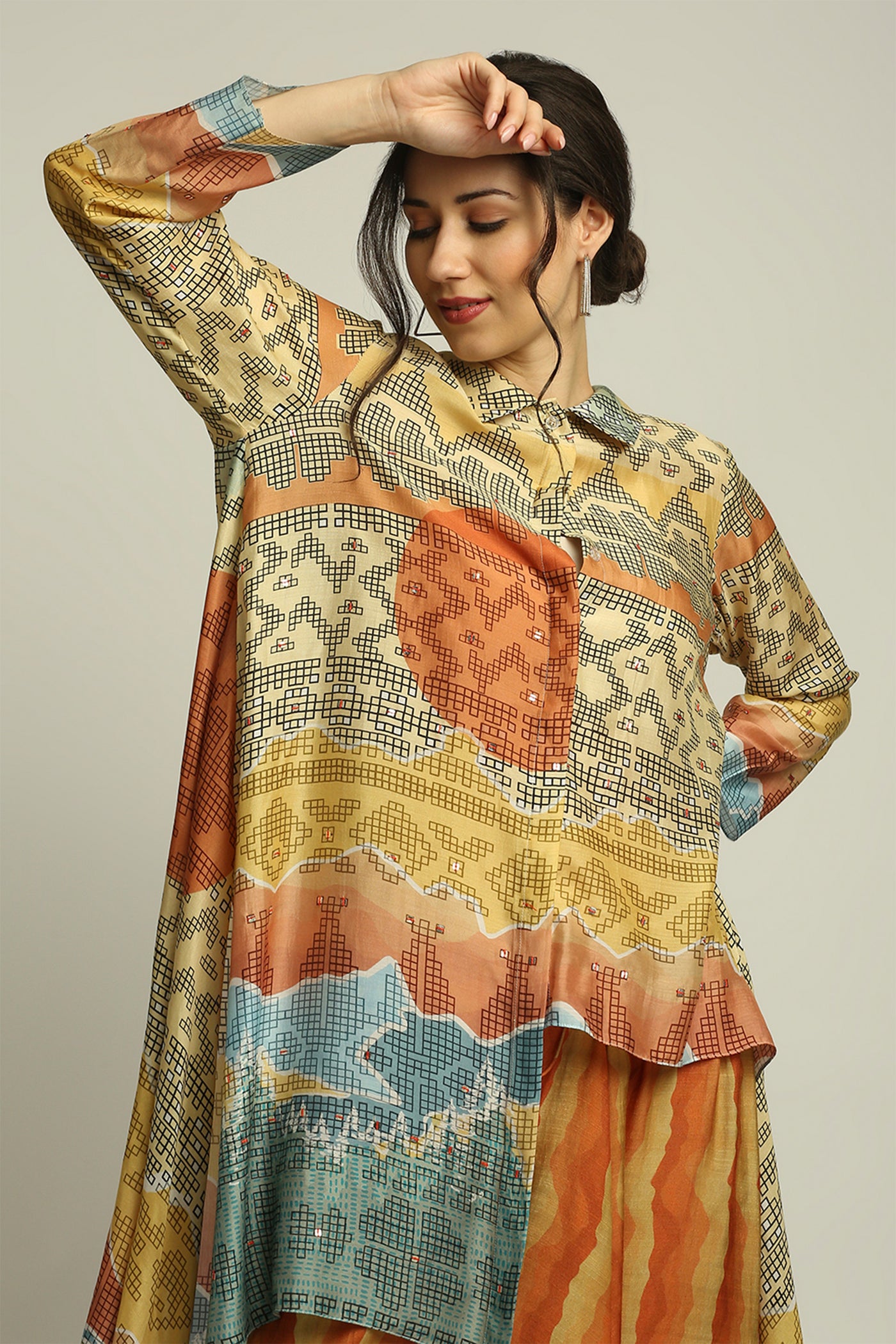 sougat paul Dune shadow printed high-low top with dhoti multicolor fusion indian designer wear online shopping melange singapore