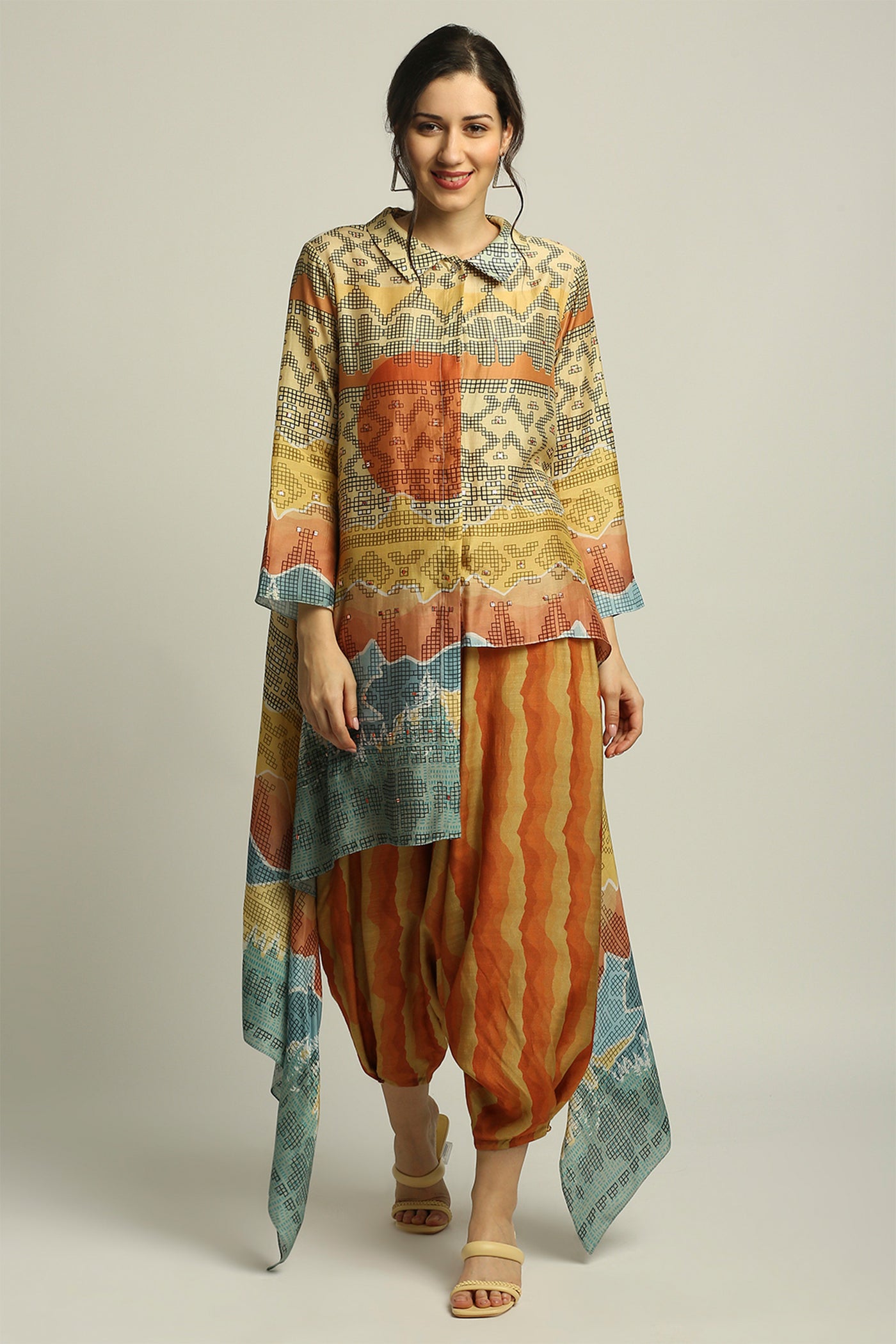 sougat paul Dune shadow printed high-low top with dhoti multicolor fusion indian designer wear online shopping melange singapore