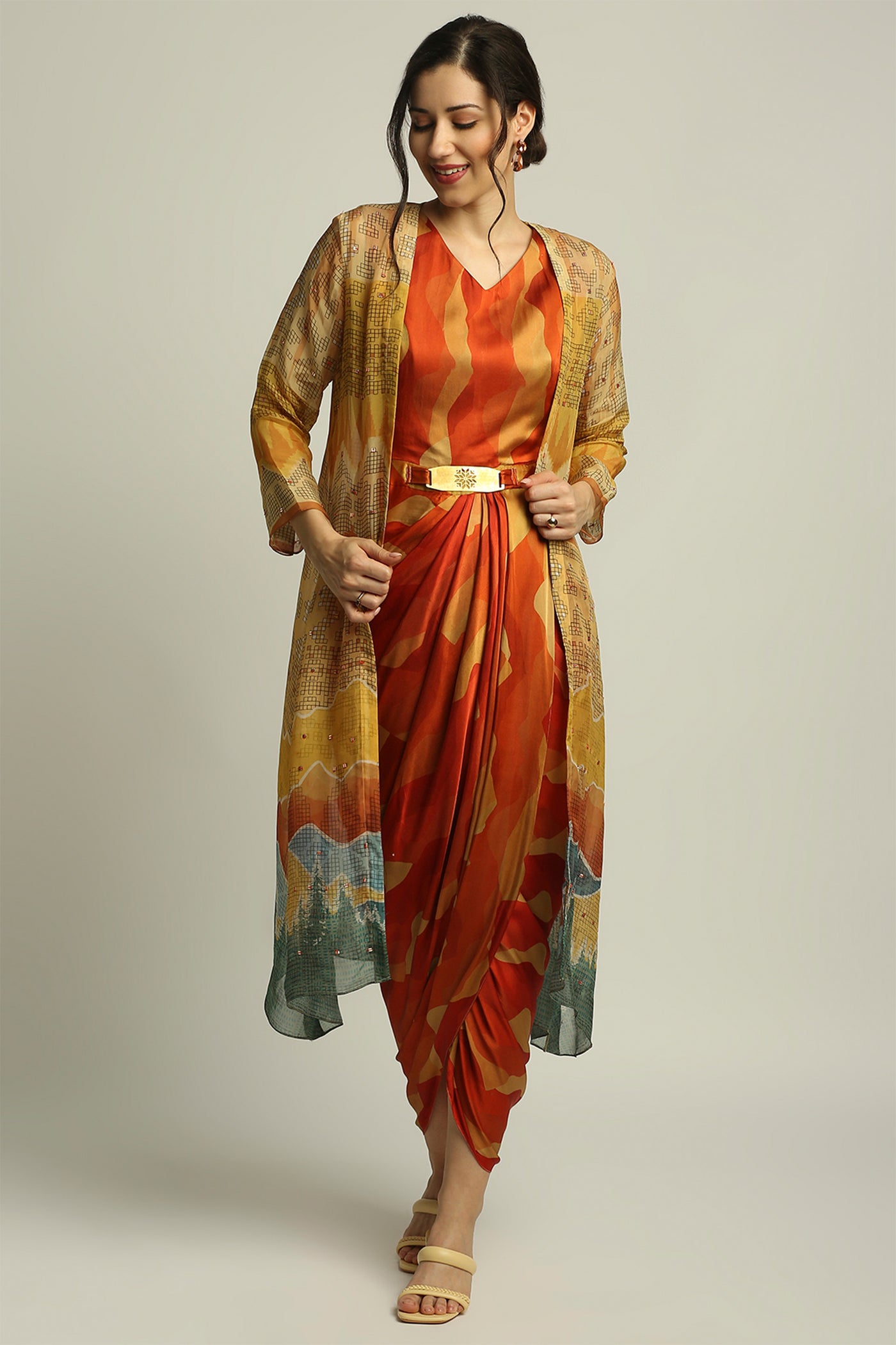 sougat paul Dune Shadow Printed Pre-stitched Saree With Blouse multicolor fusion indian designer wear online shopping melange singapore