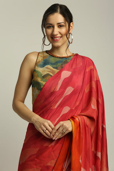 sougat paul Dune Shadow Printed Pre-stitched Saree With Blouse red green fusion indian designer wear online shopping melange singapore