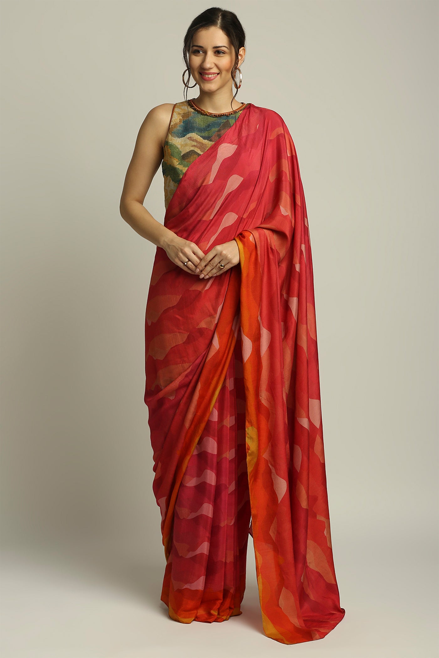 sougat paul Dune Shadow Printed Pre-stitched Saree With Blouse red green fusion indian designer wear online shopping melange singapore