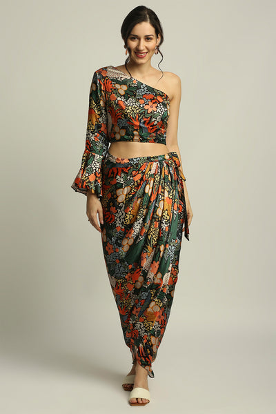 sougat paul Forest groove printed co-ord set black fusion indian designer wear online shopping melange singapore
