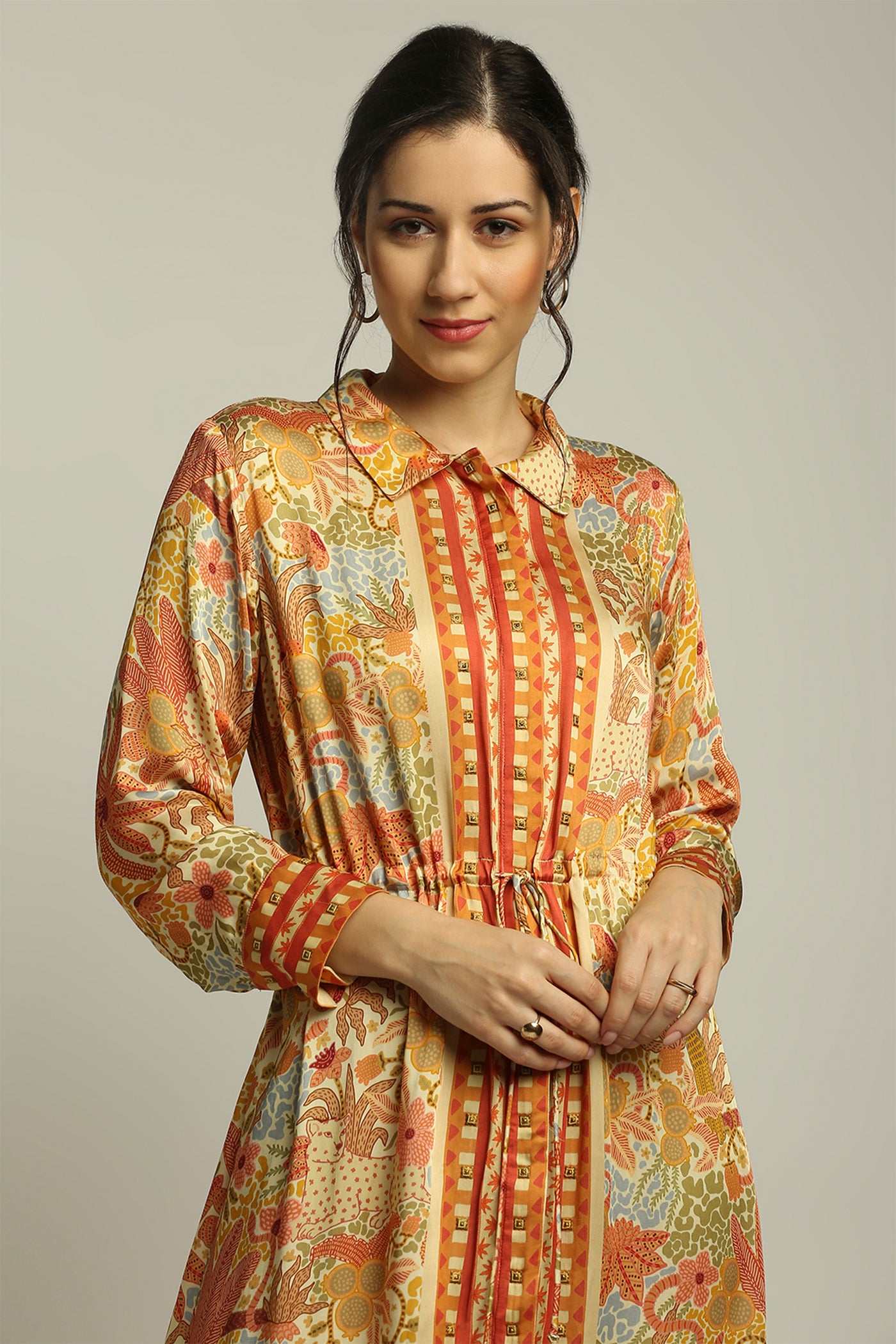 sougat paul Forest Groove Printed Dress With Waist Tie-up yellow fusion indian designer wear online shopping melange singapore