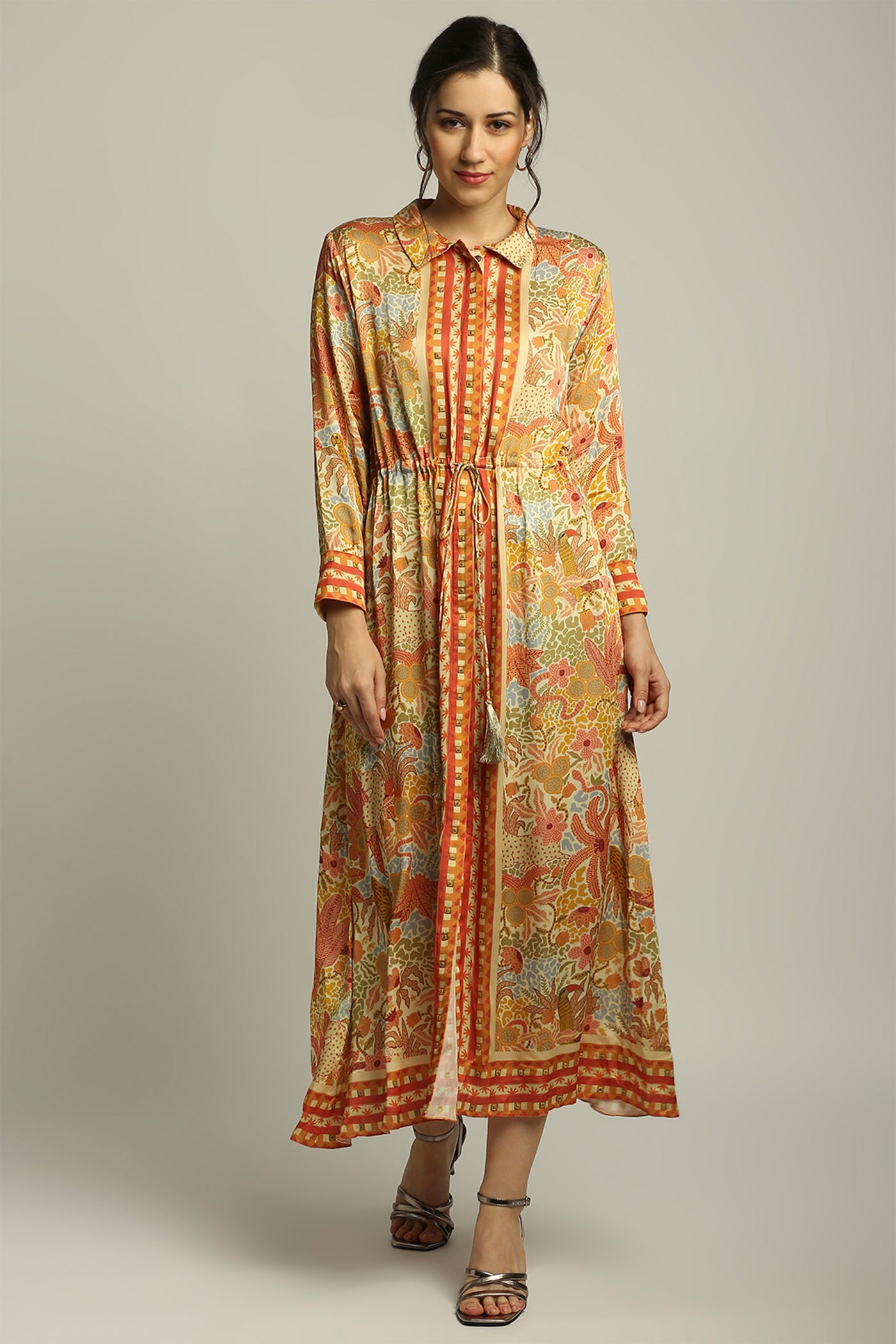 sougat paul Forest Groove Printed Dress With Waist Tie-up yellow fusion indian designer wear online shopping melange singapore