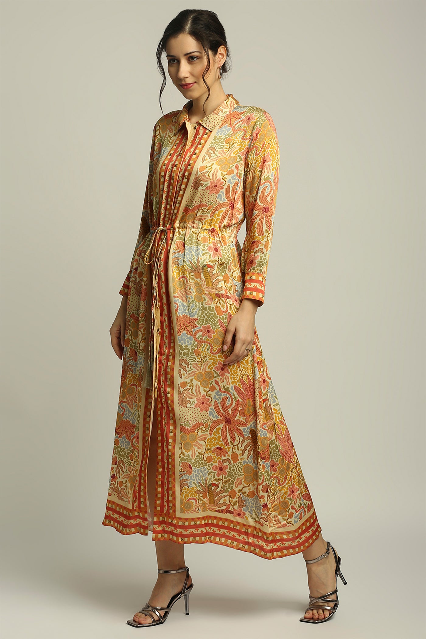 sougat paul Forest Groove Printed Dress With Waist Tie-up yellow fusion indian designer wear online shopping melange singapore