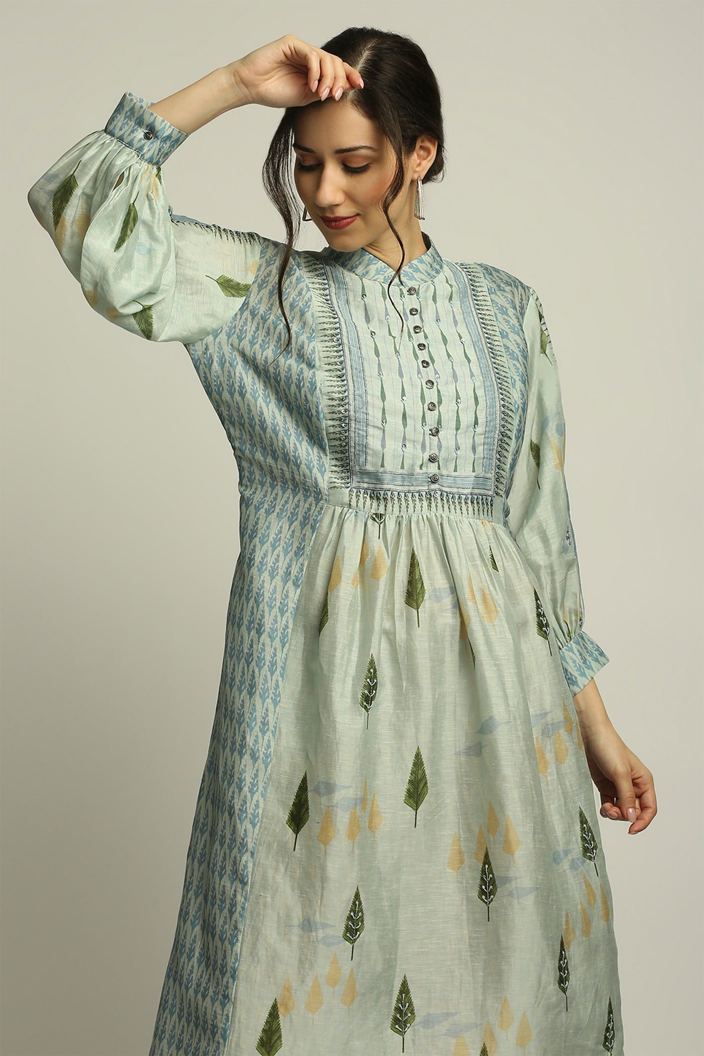 sougat paul Nature collective printed dress sage green fusion indian designer wear online shopping melange singapore