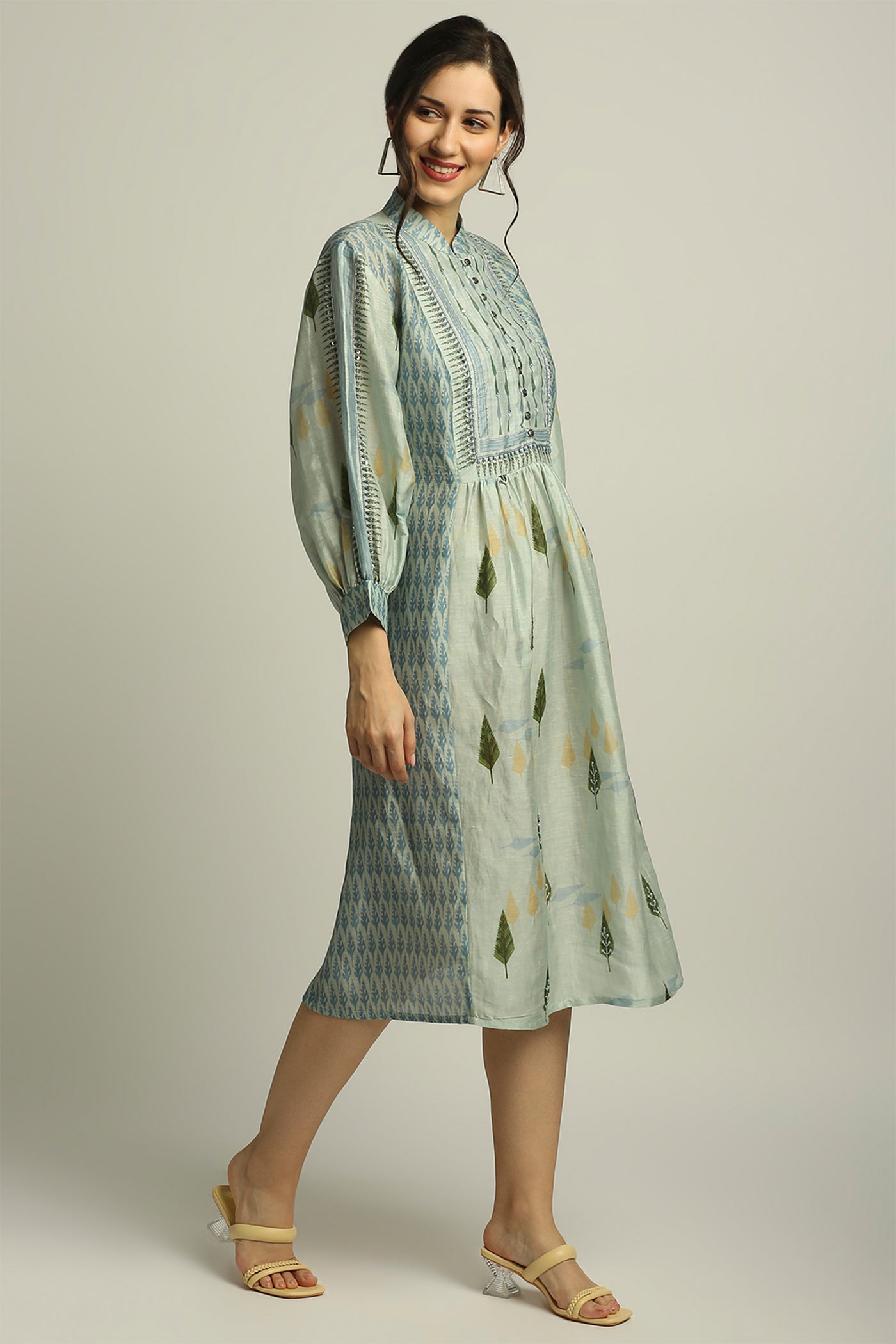 sougat paul Nature collective printed dress sage green fusion indian designer wear online shopping melange singapore